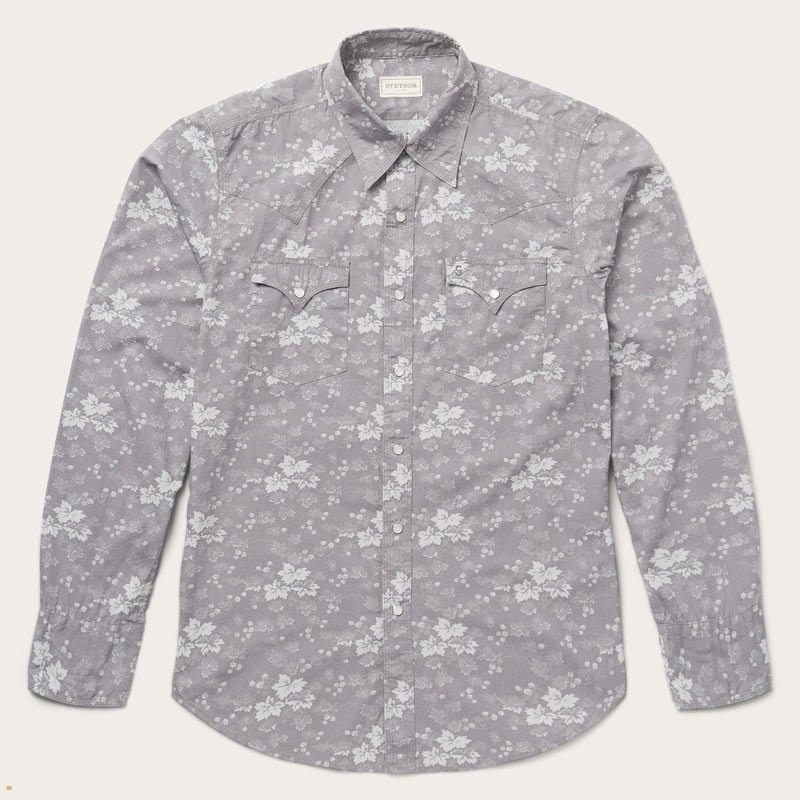 Grey Stetson Vine Print Western Men's Shirts | UK 24RAJKZMV