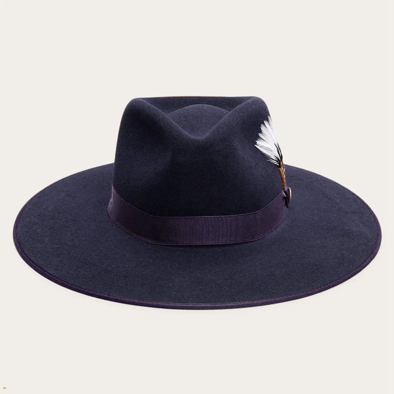 Navy Stetson Midtown Wide Flat Brim Men's Fedoras | UK 07JZQBOCU