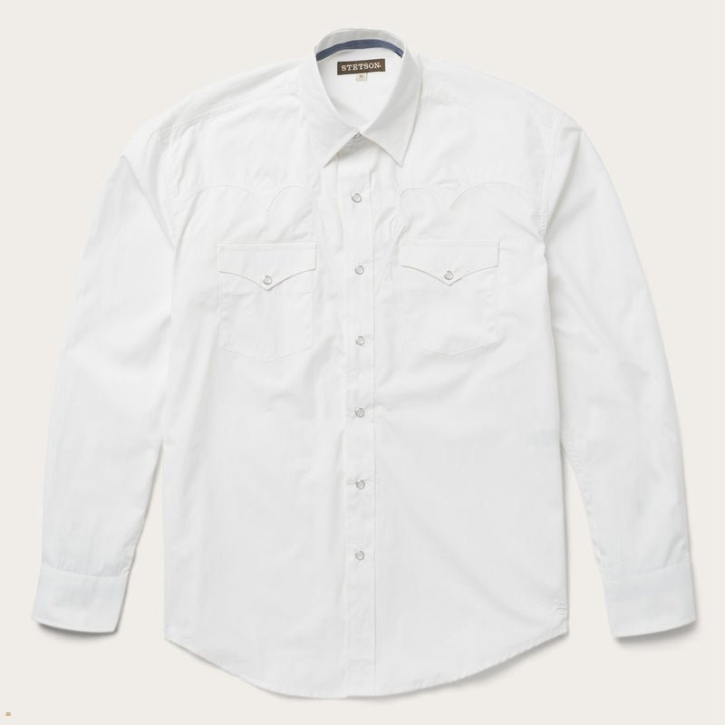 White Stetson Classic Solid Snap Poplin Men's Shirts | UK 73IDXHMOT