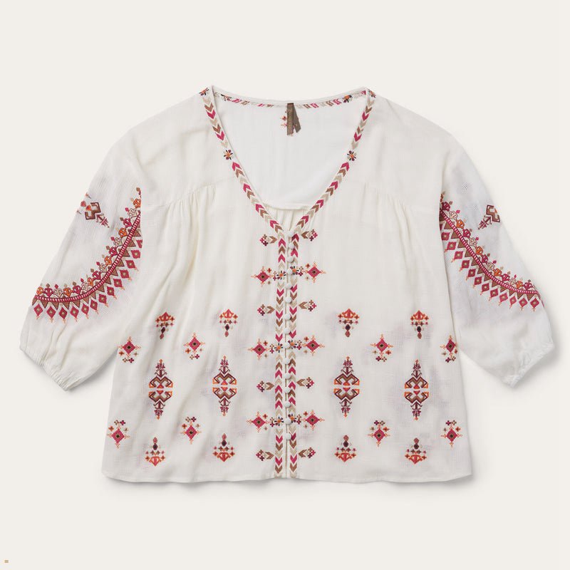 White Stetson Dobby Peasant Women's Blouse | UK 83JSOMKHW